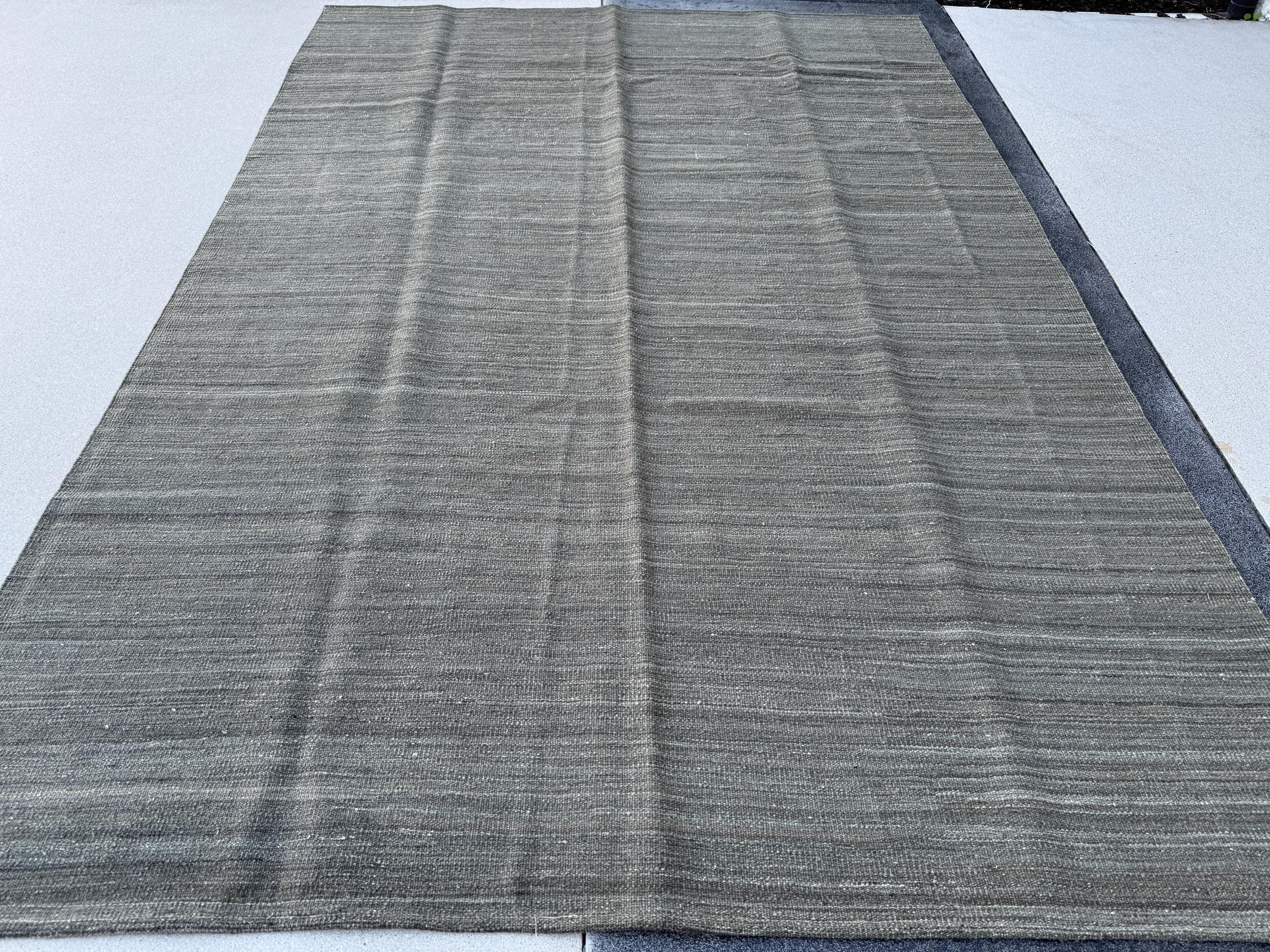 7x10 (213x304) Handmade Afghan Kilim Rug | Grey Gray Slate Stone Cream | Wool Flatweave Solid Minimalist Contemporary Modern Reversible