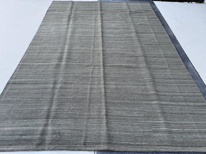 7x10 (213x304) Handmade Afghan Kilim Rug | Grey Gray Slate Stone Cream | Wool Flatweave Solid Minimalist Contemporary Modern Reversible