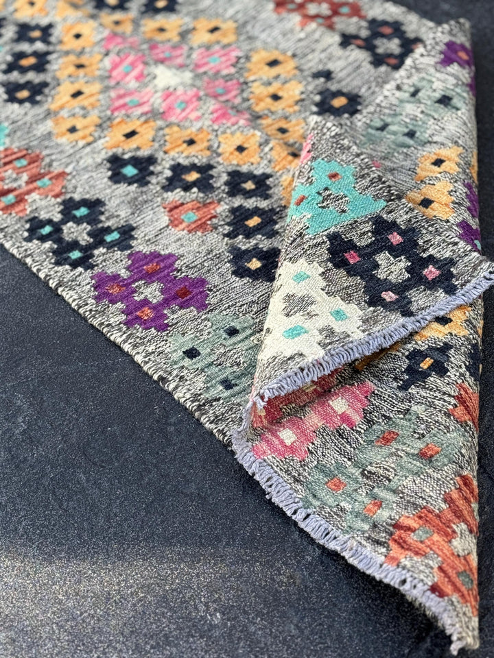 2x6-7 Handmade Afghan Kilim Runner Rug | Grey Black Midnight Aqua Blue Cream Blush Pink Saffron Orange Purple Rust Brick Red Maroon Purple