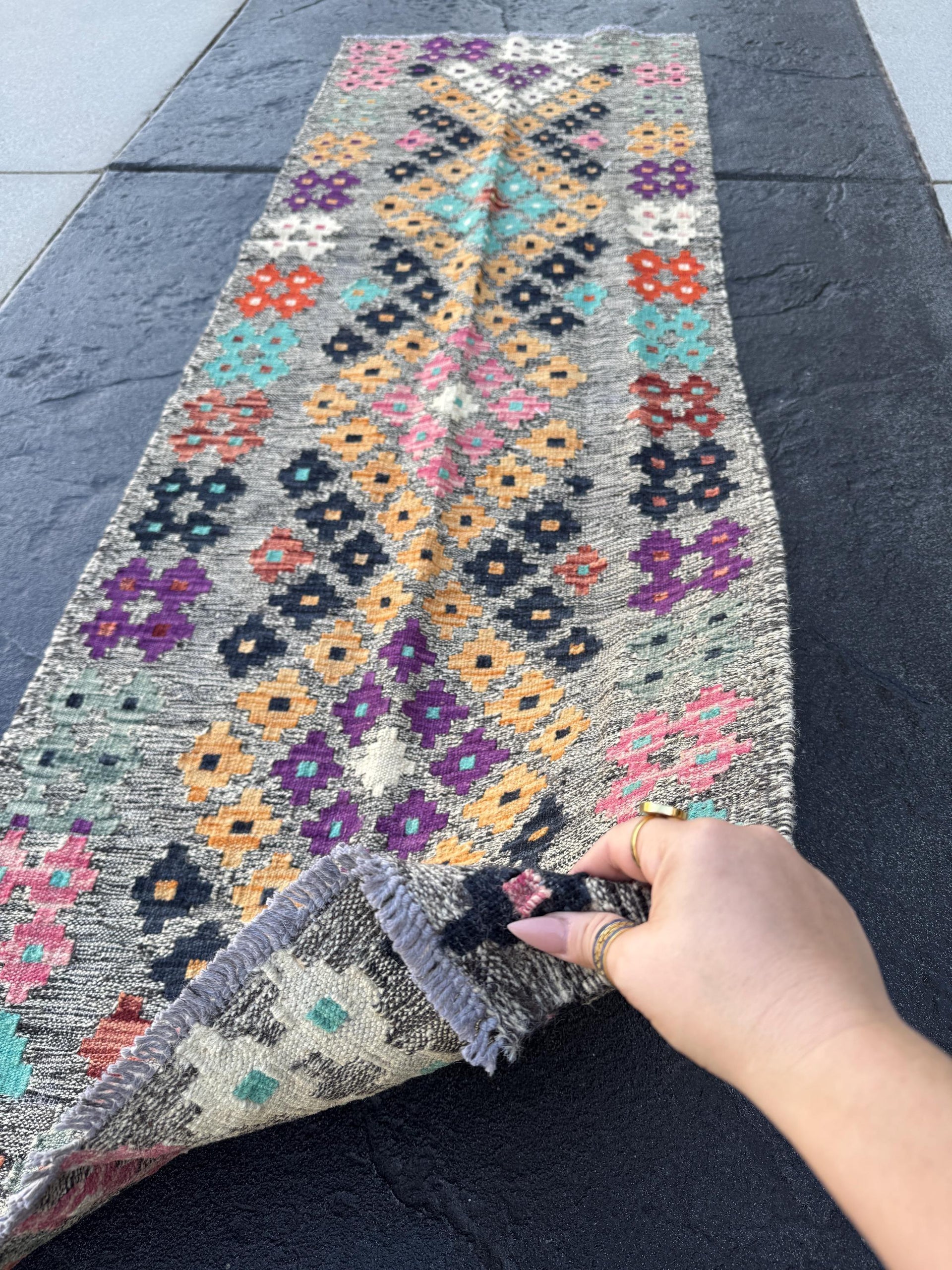 2x6-7 Handmade Afghan Kilim Runner Rug | Grey Black Midnight Aqua Blue Cream Blush Pink Saffron Orange Purple Rust Brick Red Maroon Purple
