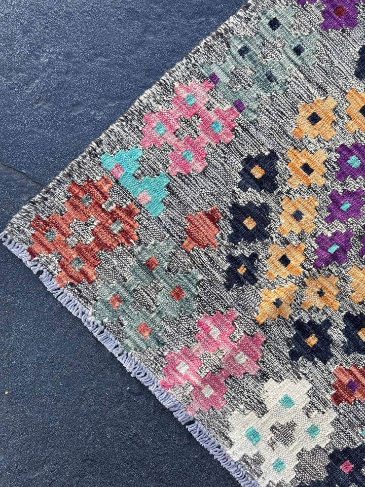 2x6-7 Handmade Afghan Kilim Runner Rug | Grey Black Midnight Aqua Blue Cream Blush Pink Saffron Orange Purple Rust Brick Red Maroon Purple