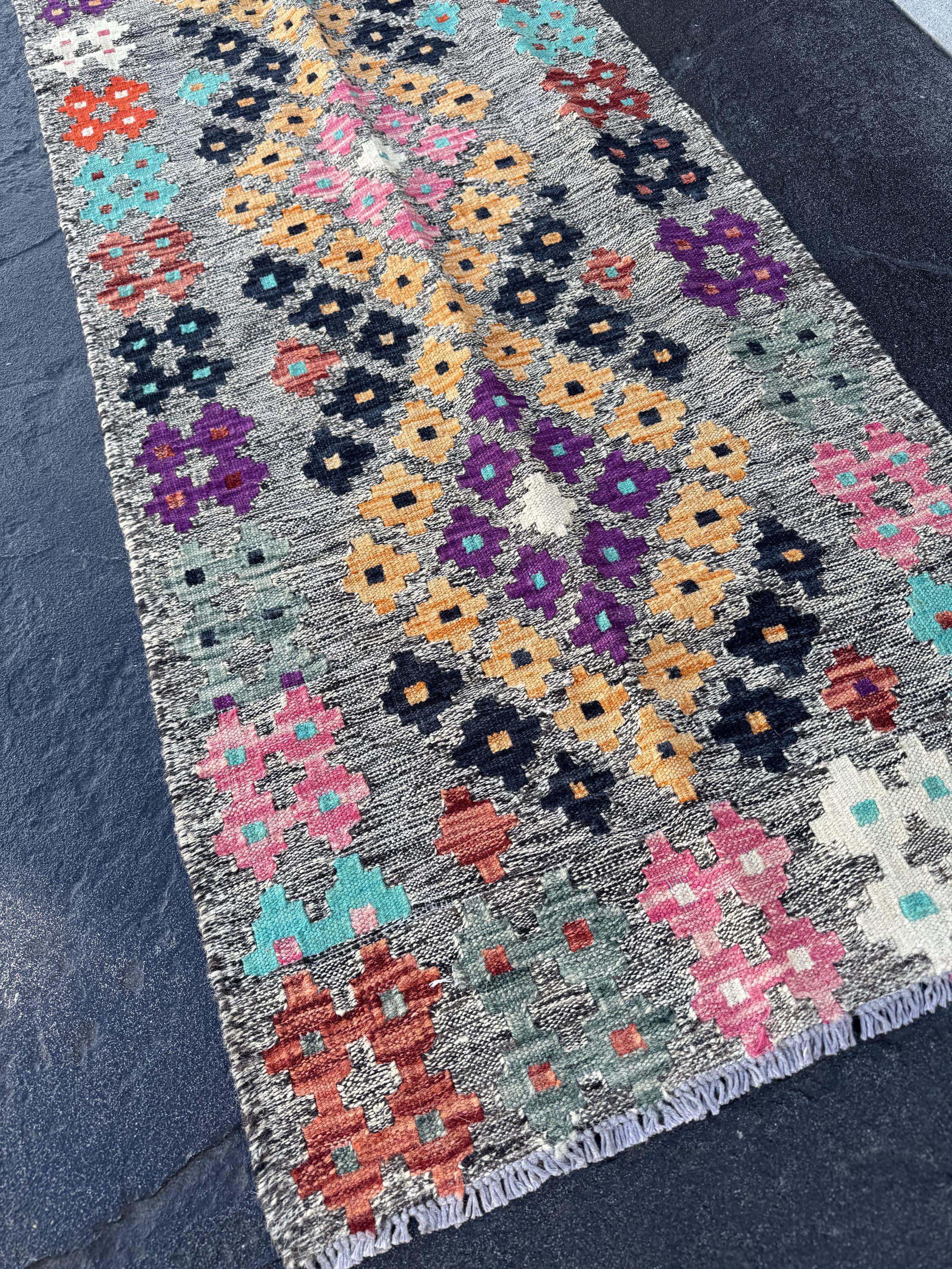 2x6-7 Handmade Afghan Kilim Runner Rug | Grey Black Midnight Aqua Blue Cream Blush Pink Saffron Orange Purple Rust Brick Red Maroon Purple
