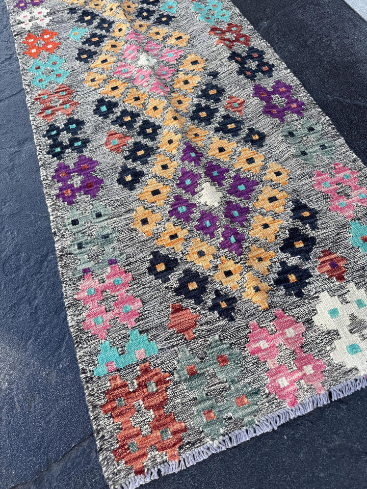 2x6-7 Handmade Afghan Kilim Runner Rug | Grey Black Midnight Aqua Blue Cream Blush Pink Saffron Orange Purple Rust Brick Red Maroon Purple