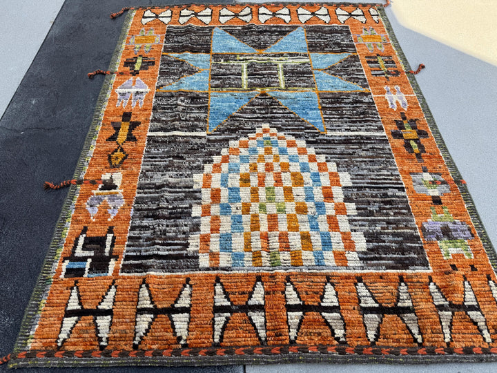 6x7 (182x228) Handmade Afghan Moroccan Rug | Burnt Orange Cream White Black Grey Denim Blue Lilac Lavender Moss Green | Wool Plush Geometric