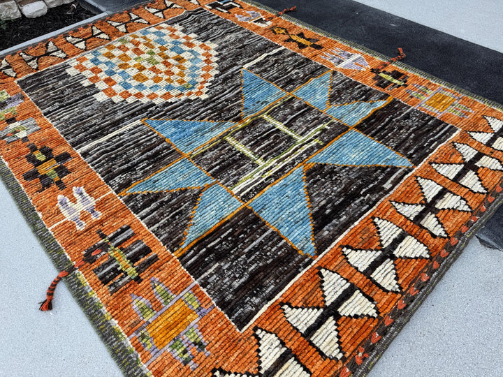6x7 (182x228) Handmade Afghan Moroccan Rug | Burnt Orange Cream White Black Grey Denim Blue Lilac Lavender Moss Green | Wool Plush Geometric