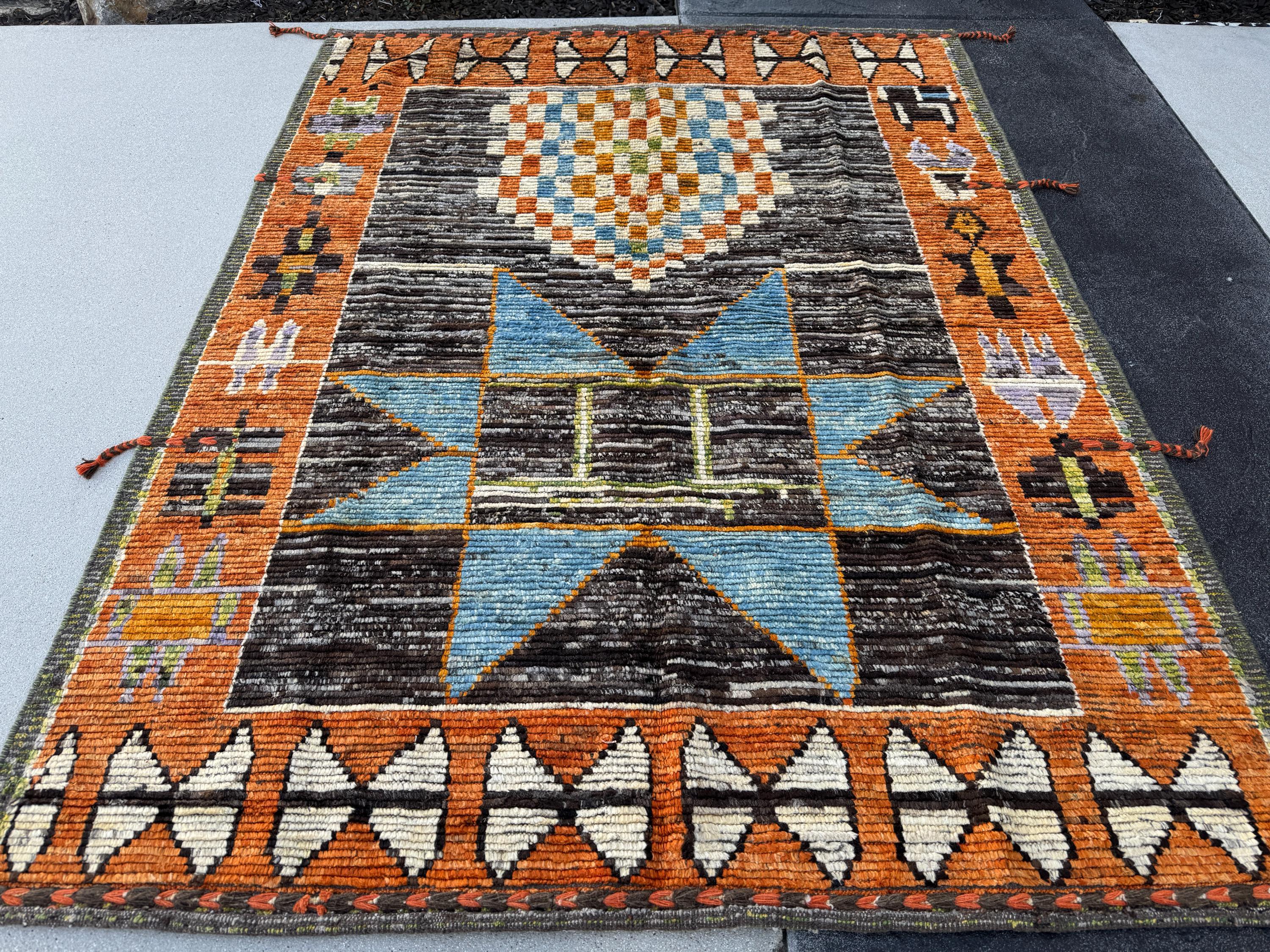 6x7 (182x228) Handmade Afghan Moroccan Rug | Burnt Orange Cream White Black Grey Denim Blue Lilac Lavender Moss Green | Wool Plush Geometric