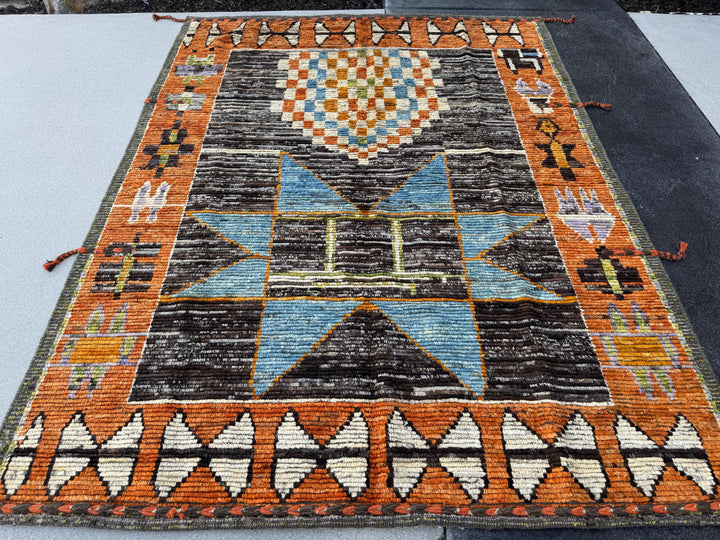 6x7 (182x228) Handmade Afghan Moroccan Rug | Burnt Orange Cream White Black Grey Denim Blue Lilac Lavender Moss Green | Wool Plush Geometric