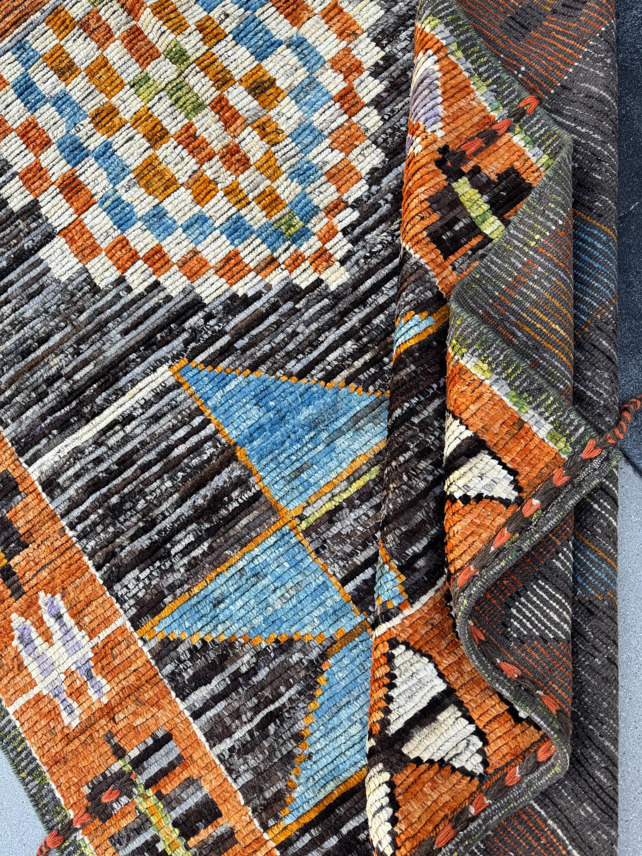 6x7 (182x228) Handmade Afghan Moroccan Rug | Burnt Orange Cream White Black Grey Denim Blue Lilac Lavender Moss Green | Wool Plush Geometric