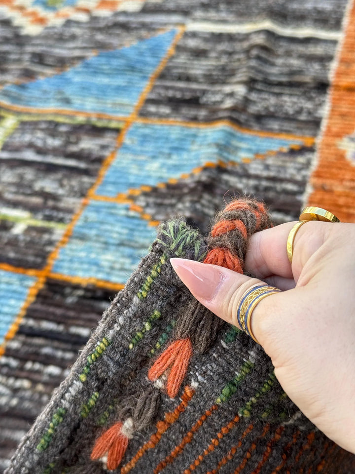 6x7 (182x228) Handmade Afghan Moroccan Rug | Burnt Orange Cream White Black Grey Denim Blue Lilac Lavender Moss Green | Wool Plush Geometric