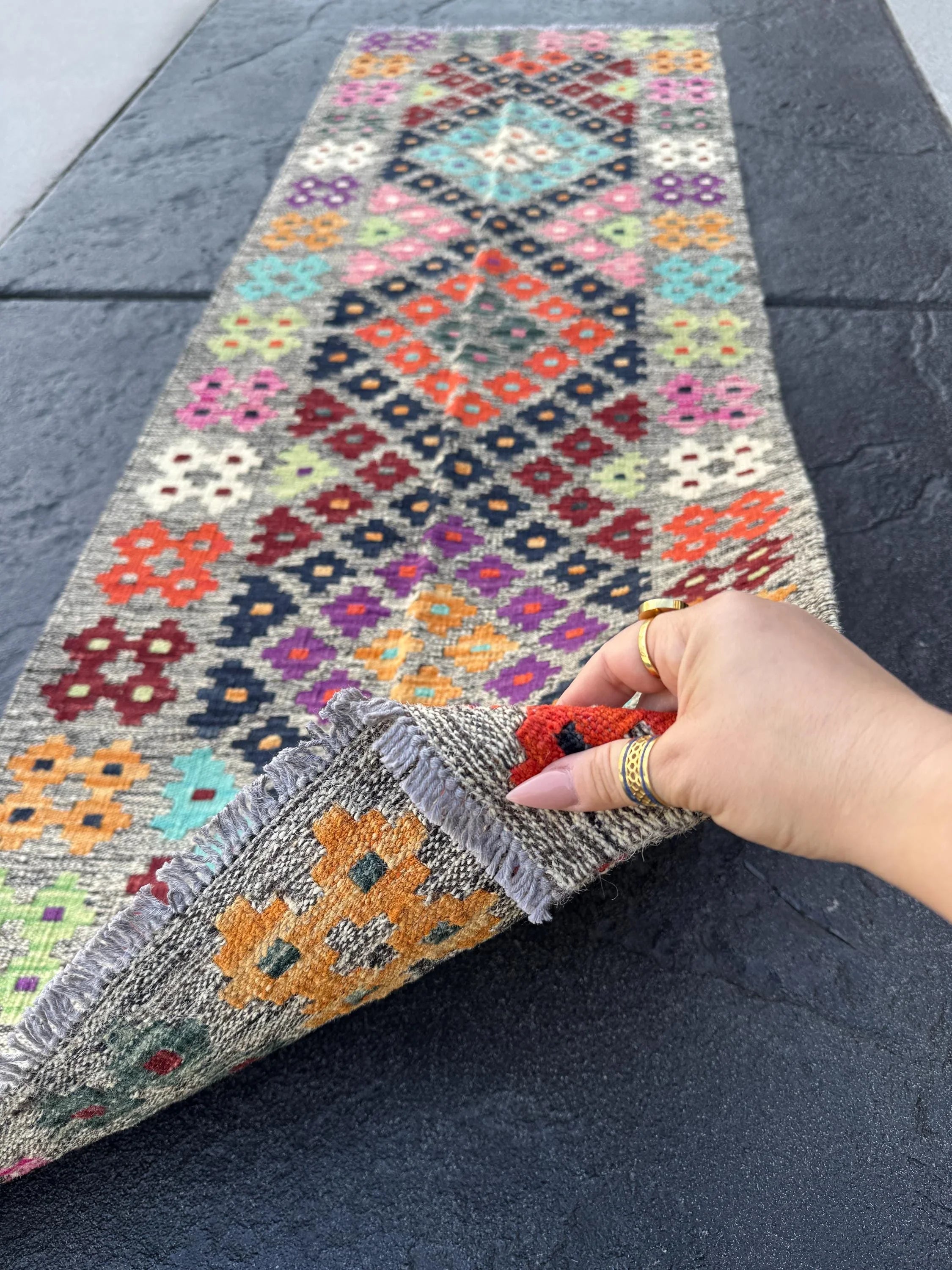2x6 (60x182) Handmade Afghan Kilim Runner Rug | Grey Black Aqua Prussian Blue Mint Green Wine Red Orange Peach Purple White Cream Pink Wool