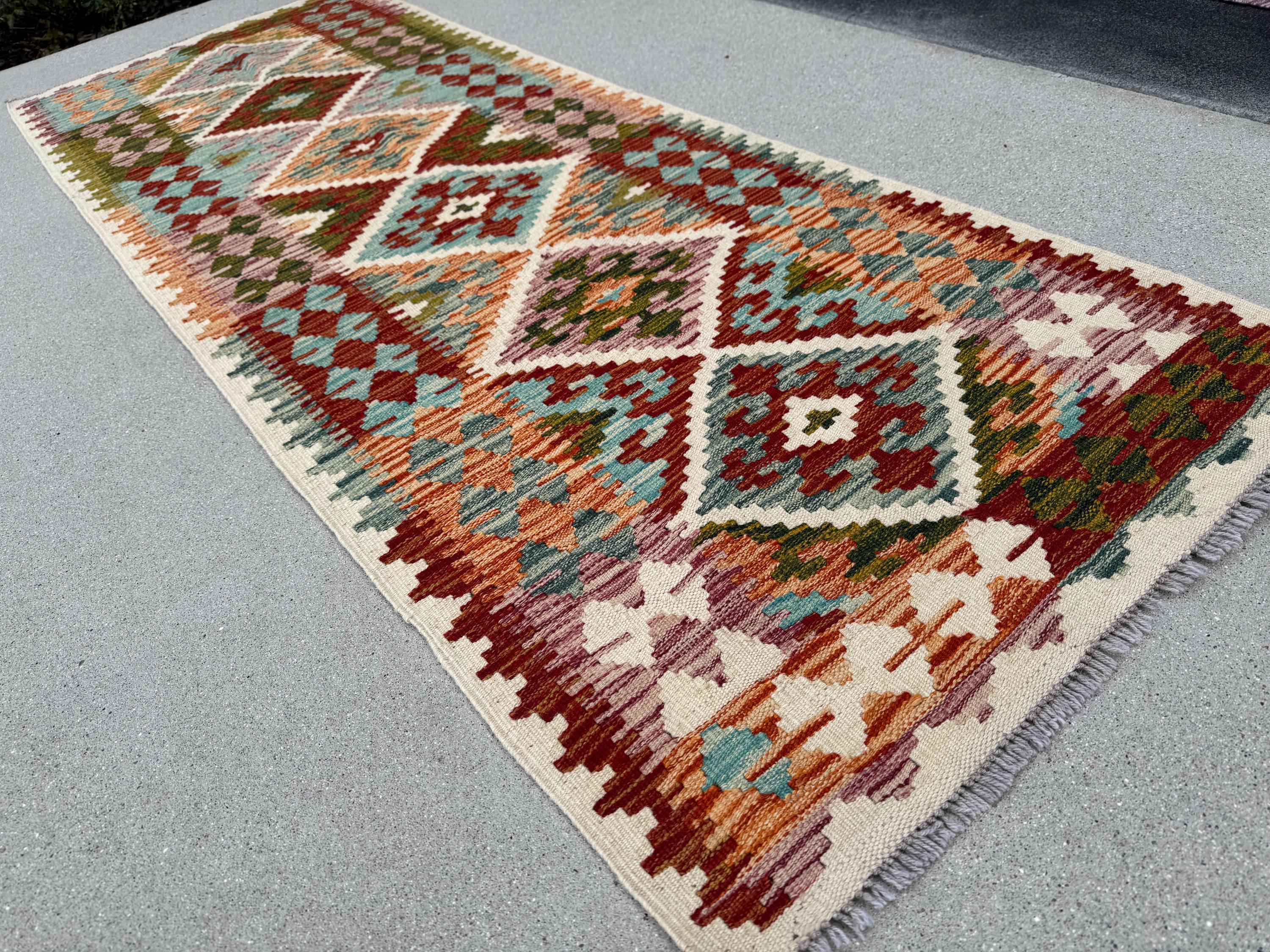 2-3x7 (80x213) Handmade Afghan Kilim Runner Rug | Cream Teal Denim Aqua Blue Rust Coral Orange Forest Moss Green Auburn Burgundy Red | Wool
