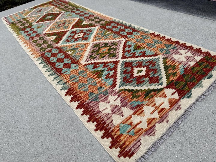 2-3x7 (80x213) Handmade Afghan Kilim Runner Rug | Cream Teal Denim Aqua Blue Rust Coral Orange Forest Moss Green Auburn Burgundy Red | Wool