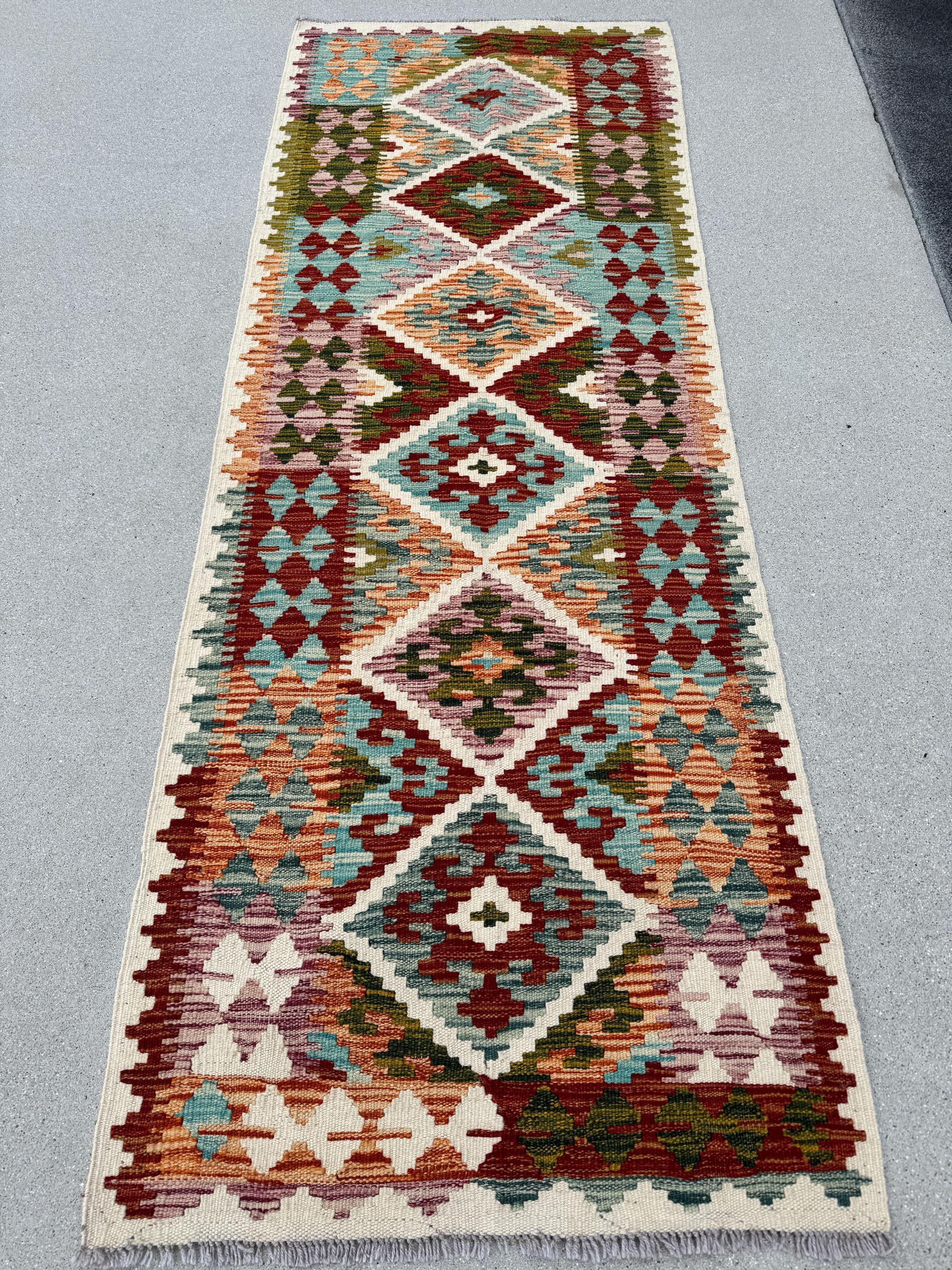 2-3x7 (80x213) Handmade Afghan Kilim Runner Rug | Cream Teal Denim Aqua Blue Rust Coral Orange Forest Moss Green Auburn Burgundy Red | Wool
