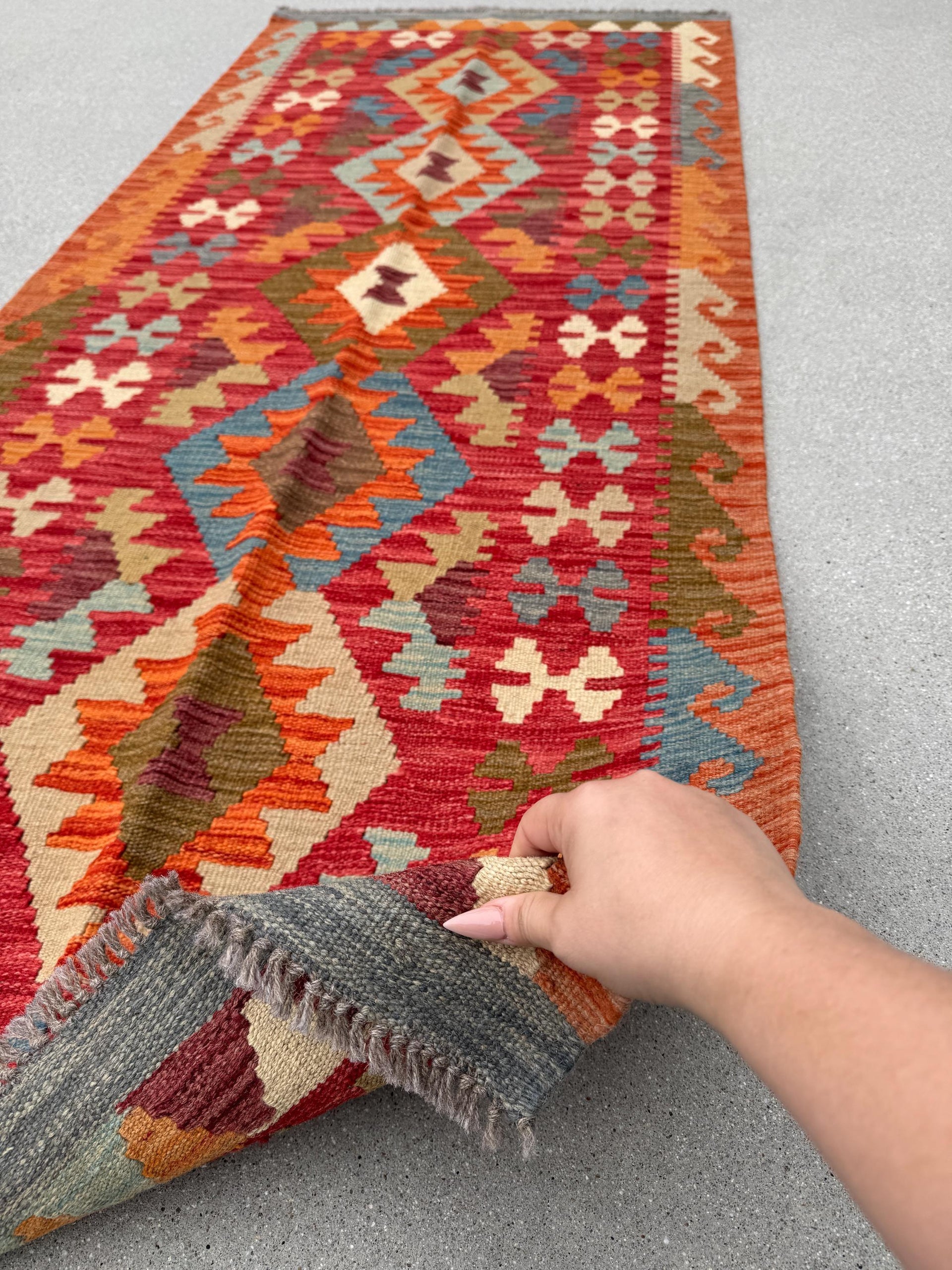 3x7 Handmade Afghan Kilim Runner Rug | Scarlet Crimson Wine Red Plum Purple Burnt Rust Orange Teal Prussian Baby Blue Tan Coffee Brown Cream