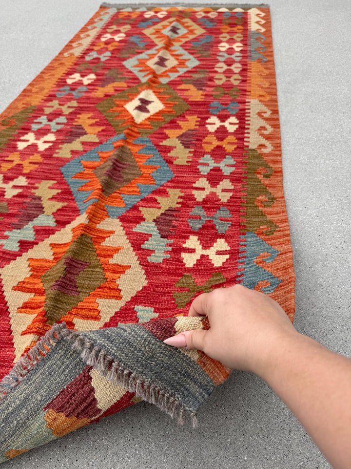 3x7 Handmade Afghan Kilim Runner Rug | Scarlet Crimson Wine Red Plum Purple Burnt Rust Orange Teal Prussian Baby Blue Tan Coffee Brown Cream