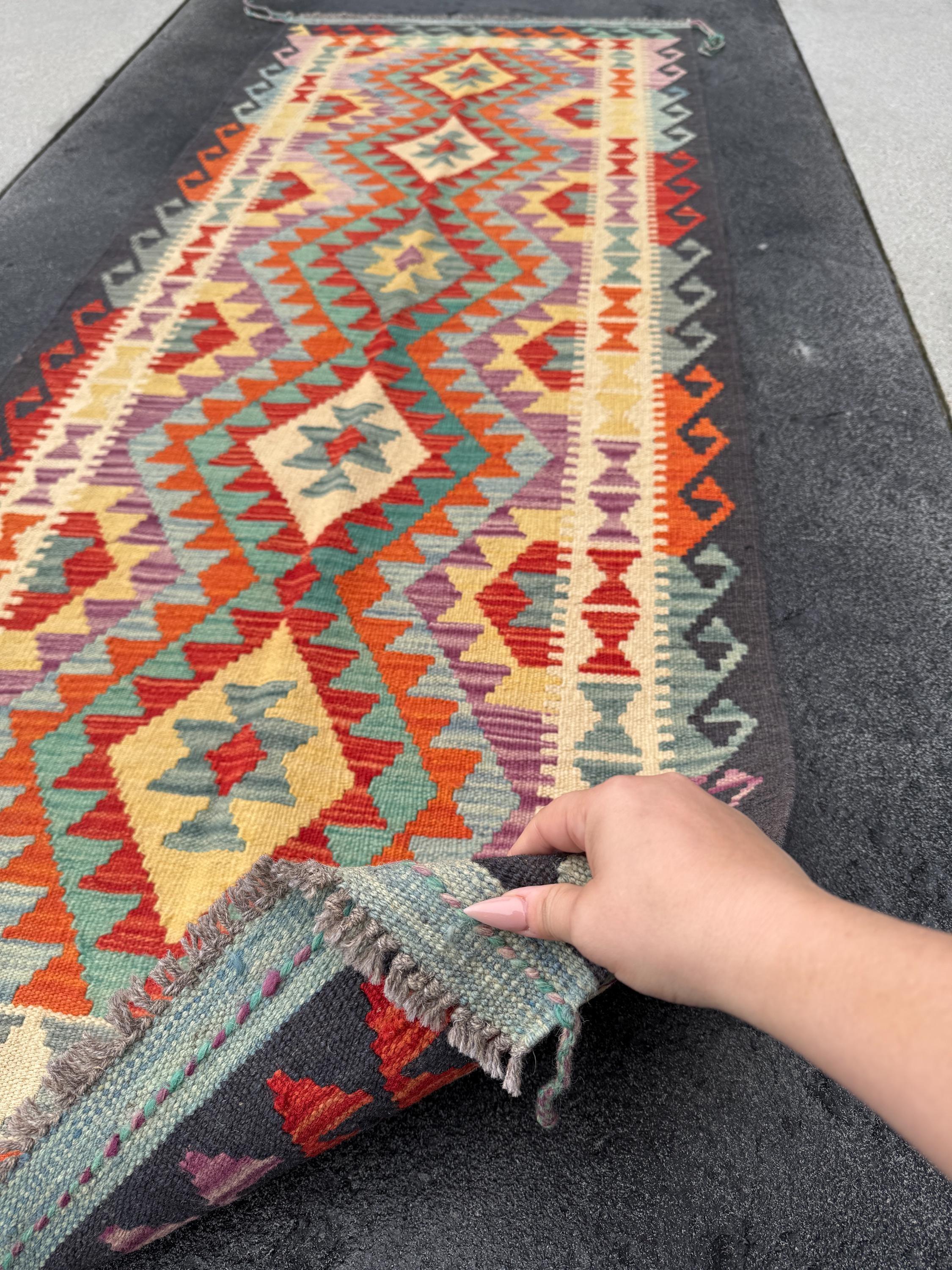2x7 (61x213) Handmade Afghan Kilim Runner Rug | Black Cream Purple Denim Baby Blue Crimson Scarlet Red Yellow Orange | Wool Flatweave