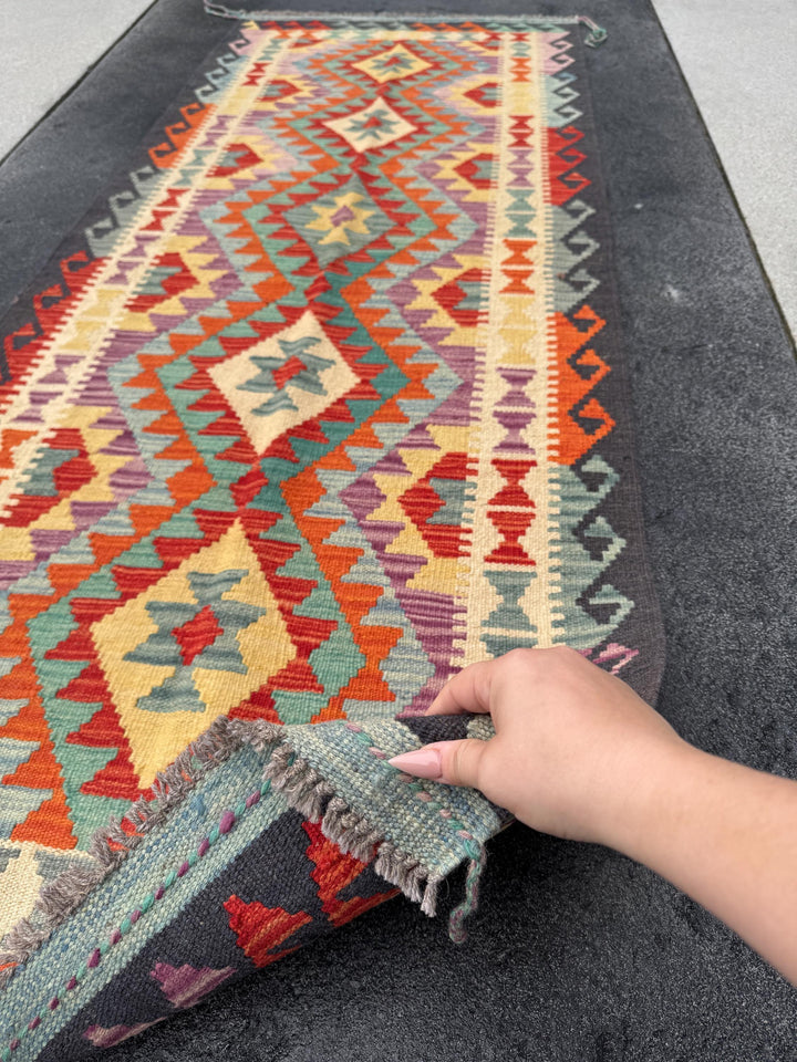 2x7 (61x213) Handmade Afghan Kilim Runner Rug | Black Cream Purple Denim Baby Blue Crimson Scarlet Red Yellow Orange | Wool Flatweave