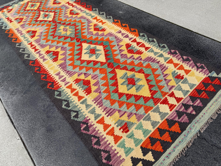 2x7 (61x213) Handmade Afghan Kilim Runner Rug | Black Cream Purple Denim Baby Blue Crimson Scarlet Red Yellow Orange | Wool Flatweave