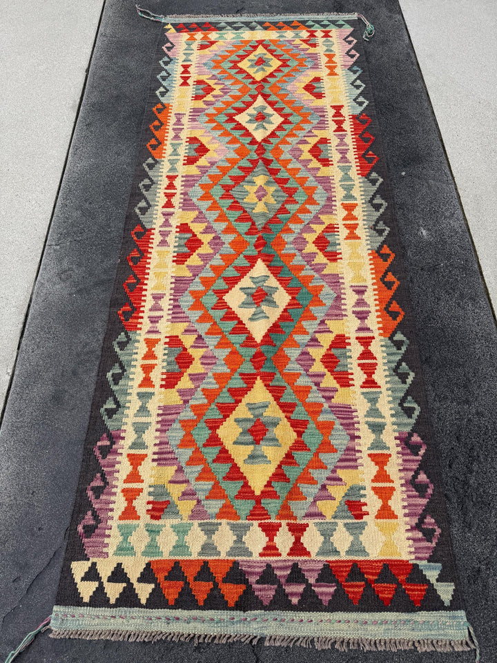 2x7 (61x213) Handmade Afghan Kilim Runner Rug | Black Cream Purple Denim Baby Blue Crimson Scarlet Red Yellow Orange | Wool Flatweave