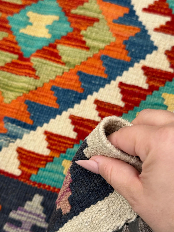 3x6-7 Handmade Afghan Kilim Runner Rug | Cream Crimson Red Yellow Royal Navy Teal Denim Blue Grey Orange Lime Moss Green | Wool Flatweave