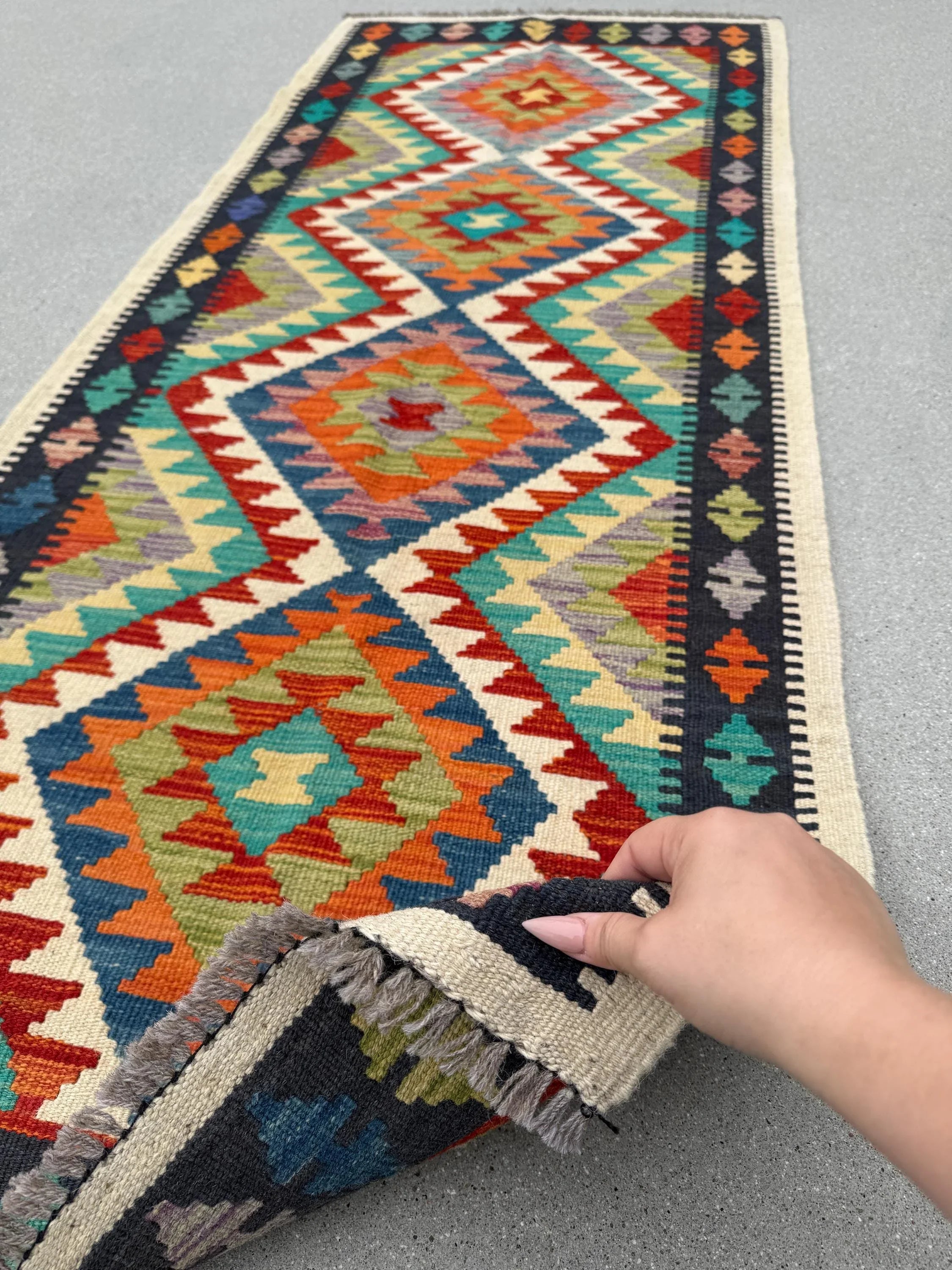 3x6-7 Handmade Afghan Kilim Runner Rug | Cream Crimson Red Yellow Royal Navy Teal Denim Blue Grey Orange Lime Moss Green | Wool Flatweave