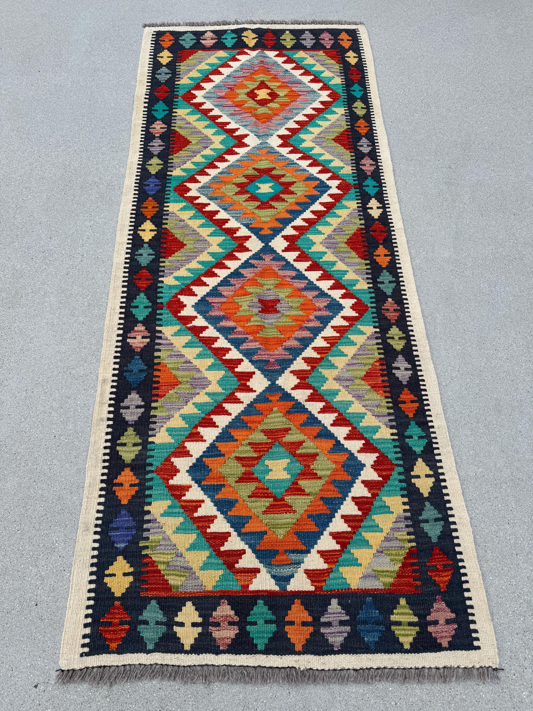 3x6-7 Handmade Afghan Kilim Runner Rug | Cream Crimson Red Yellow Royal Navy Teal Denim Blue Grey Orange Lime Moss Green | Wool Flatweave