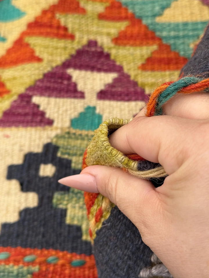 3x7 (91x213) Handmade Afghan Kilim Runner Rug | Navy Midnight Teal Aqua Blue Moss Olive Green Yellow Orange Cream Plum Purple | Wool