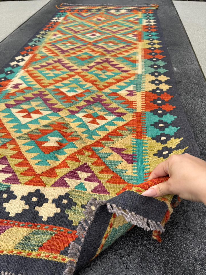 3x7 (91x213) Handmade Afghan Kilim Runner Rug | Navy Midnight Teal Aqua Blue Moss Olive Green Yellow Orange Cream Plum Purple | Wool
