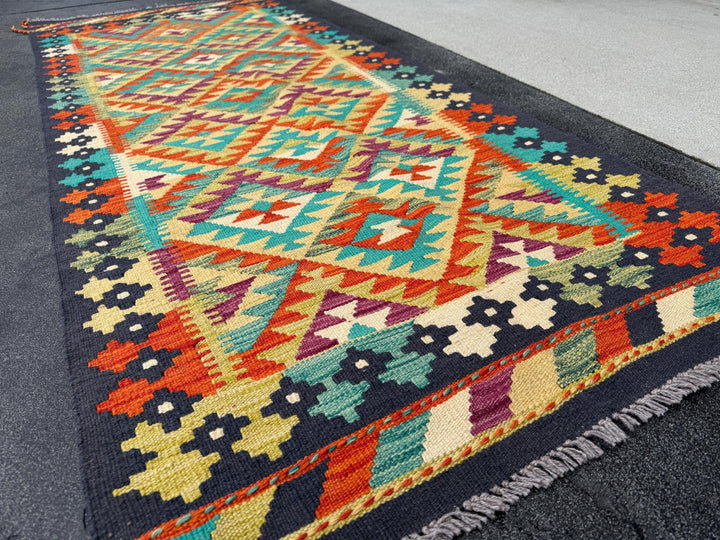 3x7 (91x213) Handmade Afghan Kilim Runner Rug | Navy Midnight Teal Aqua Blue Moss Olive Green Yellow Orange Cream Plum Purple | Wool