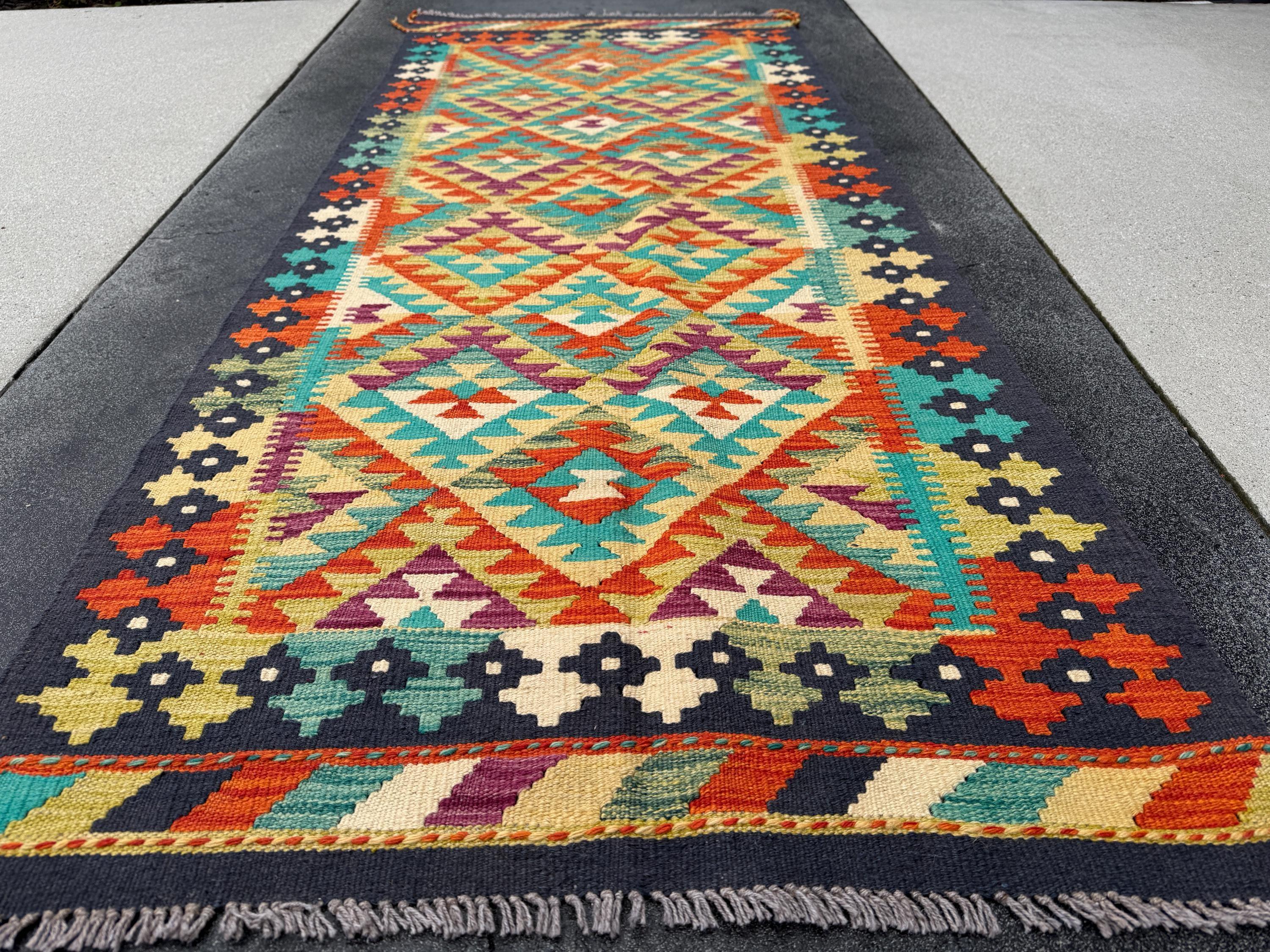 3x7 (91x213) Handmade Afghan Kilim Runner Rug | Navy Midnight Teal Aqua Blue Moss Olive Green Yellow Orange Cream Plum Purple | Wool