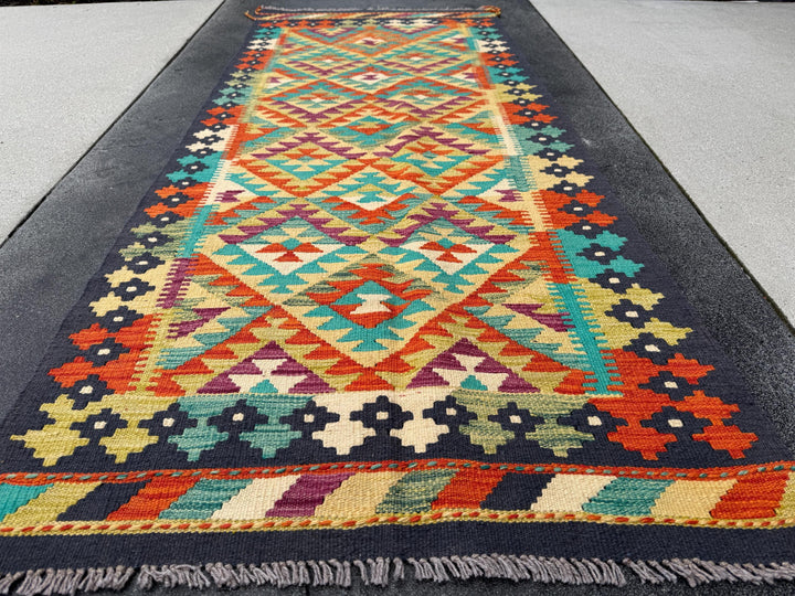 3x7 (91x213) Handmade Afghan Kilim Runner Rug | Navy Midnight Teal Aqua Blue Moss Olive Green Yellow Orange Cream Plum Purple | Wool