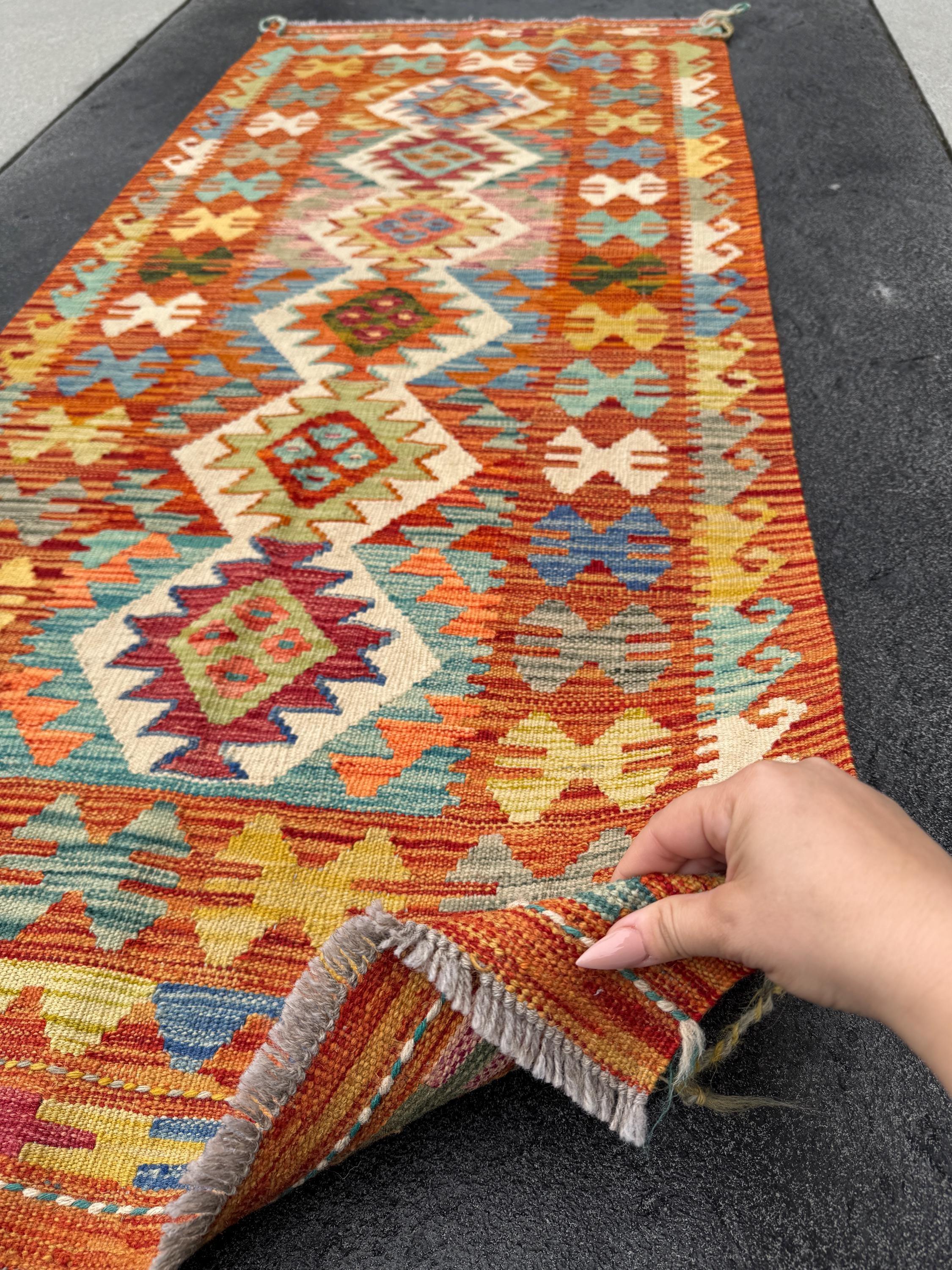 2x6 Handmade Afghan Kilim Runner Rug | Burnt Orange Cream Grey Denim Teal Aqua Blue Lime Sage Forest Green Mustard Yellow Auburn Red | Wool