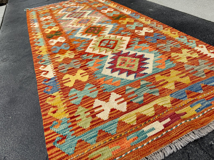 2x6 Handmade Afghan Kilim Runner Rug | Burnt Orange Cream Grey Denim Teal Aqua Blue Lime Sage Forest Green Mustard Yellow Auburn Red | Wool