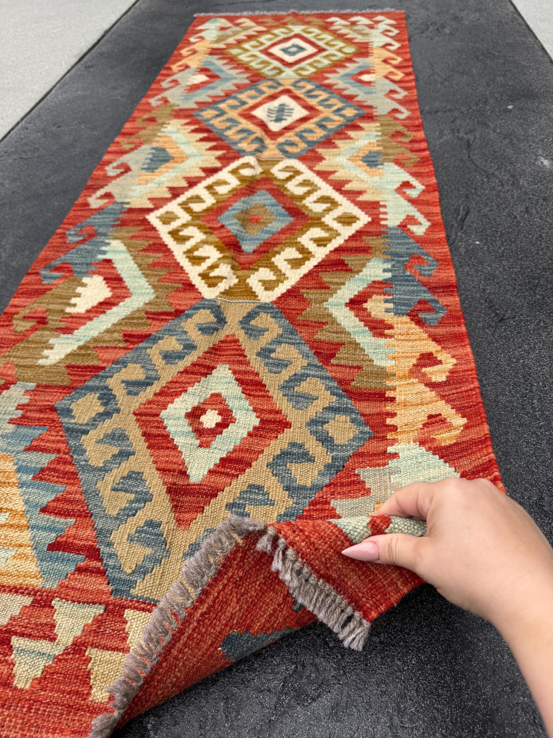 2x6 (61x182) Handmade Afghan Kilim Runner Rug | Burnt Orange Saffron Coffee Tan Brown Baby Powder Prussian Denim Blue Cream | Wool Flatweave