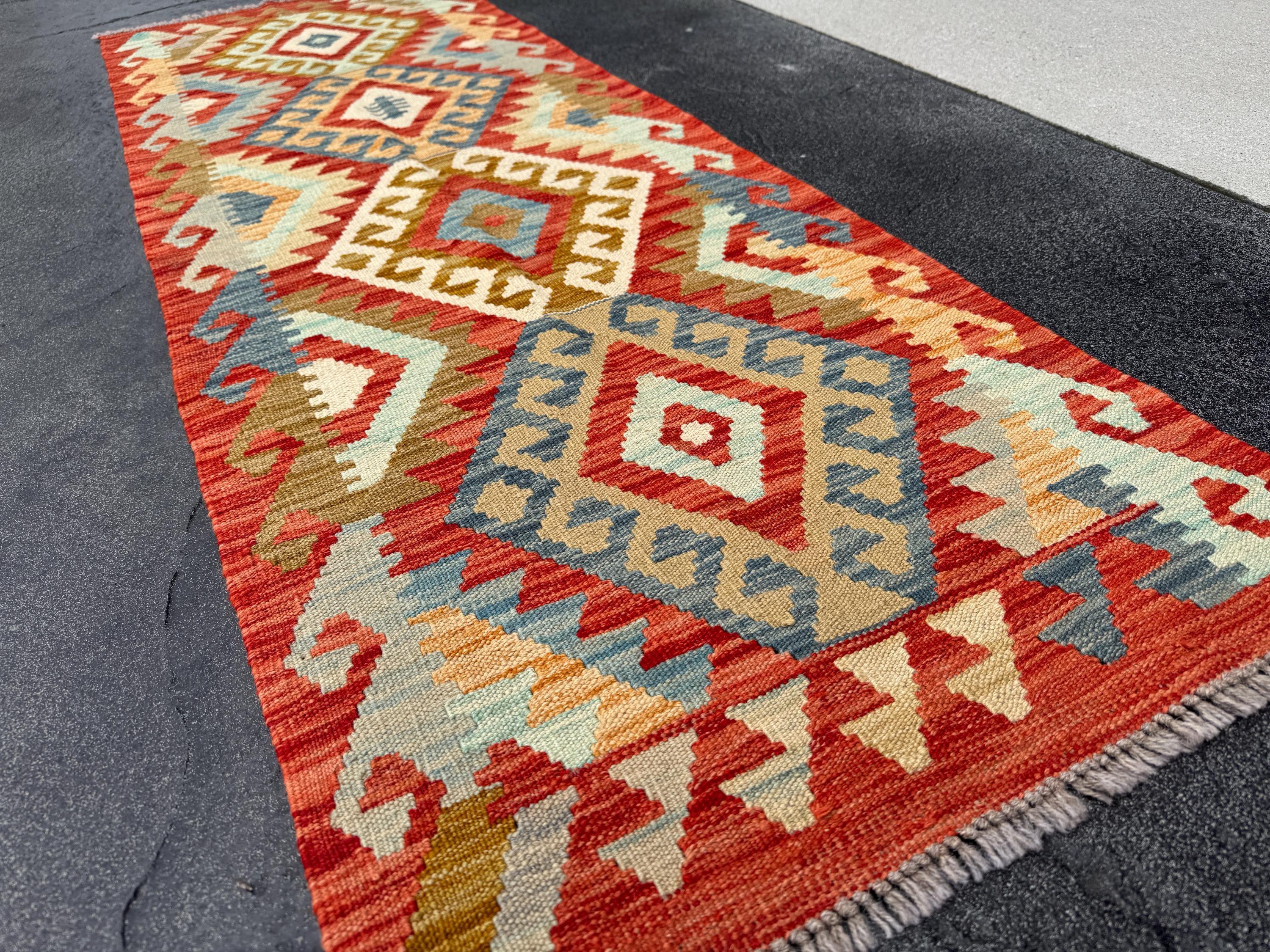 2x6 (61x182) Handmade Afghan Kilim Runner Rug | Burnt Orange Saffron Coffee Tan Brown Baby Powder Prussian Denim Blue Cream | Wool Flatweave