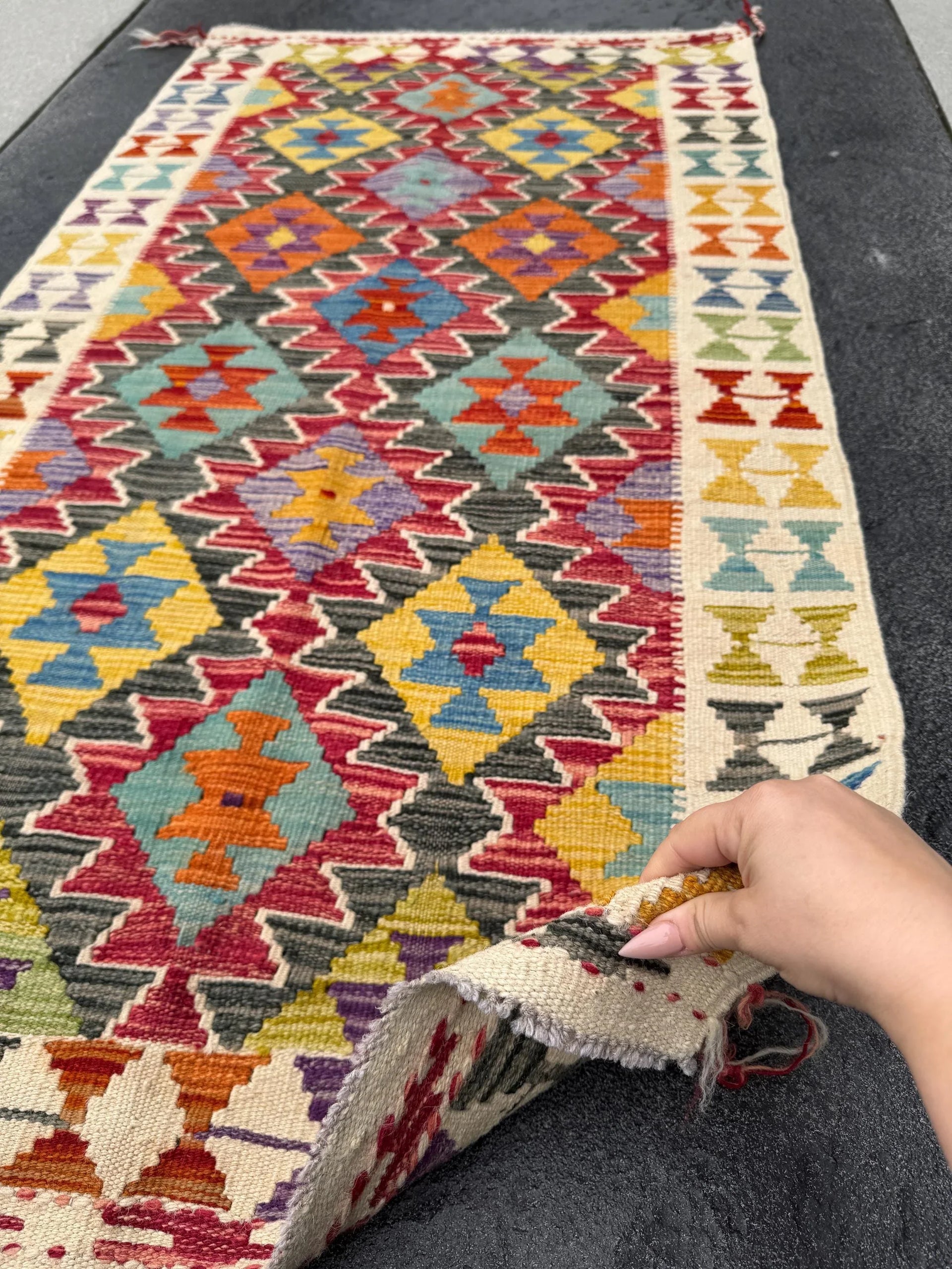 3x5 Handmade Afghan Kilim Rug | Cream Black Grey Mustard Yellow Olive Moss Green Denim Teal Blue Purple Crimson Auburn Red Orange | Wool