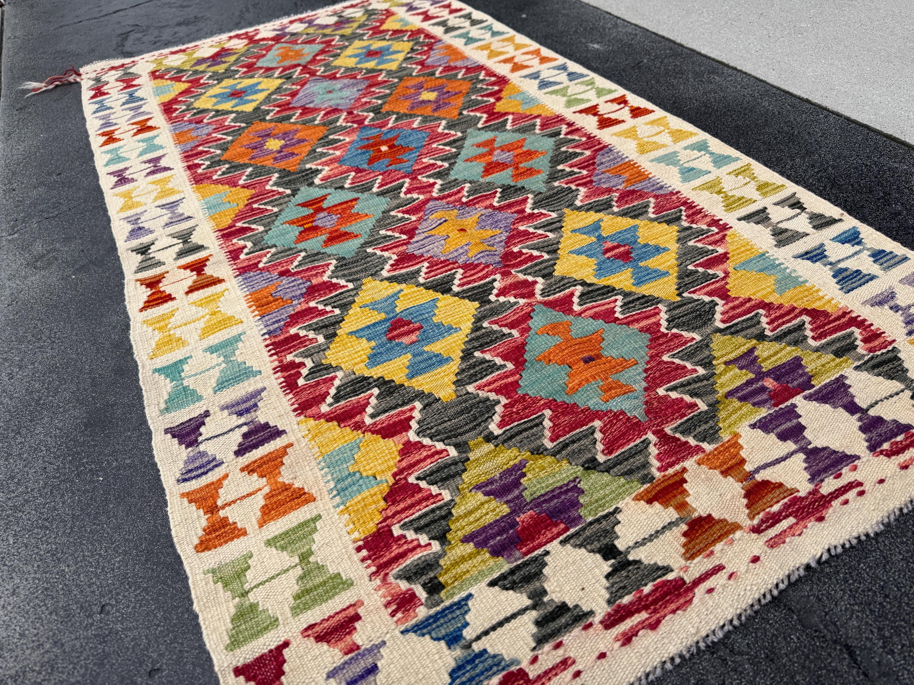 3x5 Handmade Afghan Kilim Rug | Cream Black Grey Mustard Yellow Olive Moss Green Denim Teal Blue Purple Crimson Auburn Red Orange | Wool