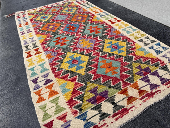 3x5 Handmade Afghan Kilim Rug | Cream Black Grey Mustard Yellow Olive Moss Green Denim Teal Blue Purple Crimson Auburn Red Orange | Wool