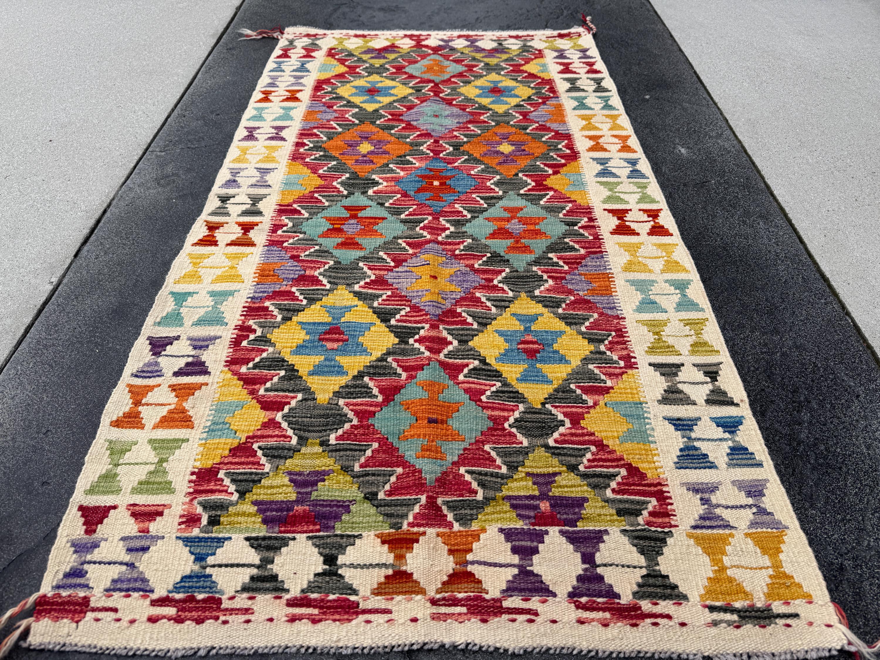 3x5 Handmade Afghan Kilim Rug | Cream Black Grey Mustard Yellow Olive Moss Green Denim Teal Blue Purple Crimson Auburn Red Orange | Wool