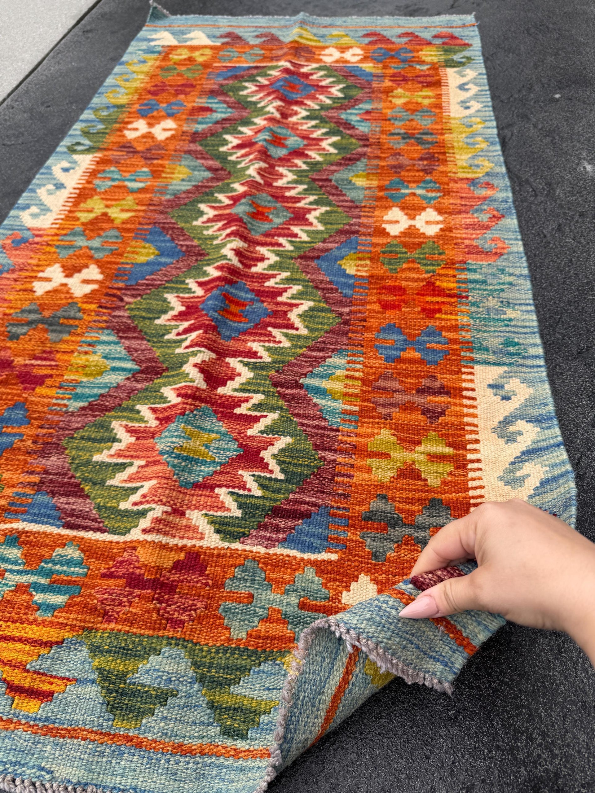 3x5 Handmade Afghan Kilim Rug | Orange Auburn Burgundy Crimson Red Forest Olive Green Denim Royal Blue Mustard Yellow Cream | Wool Flatweave