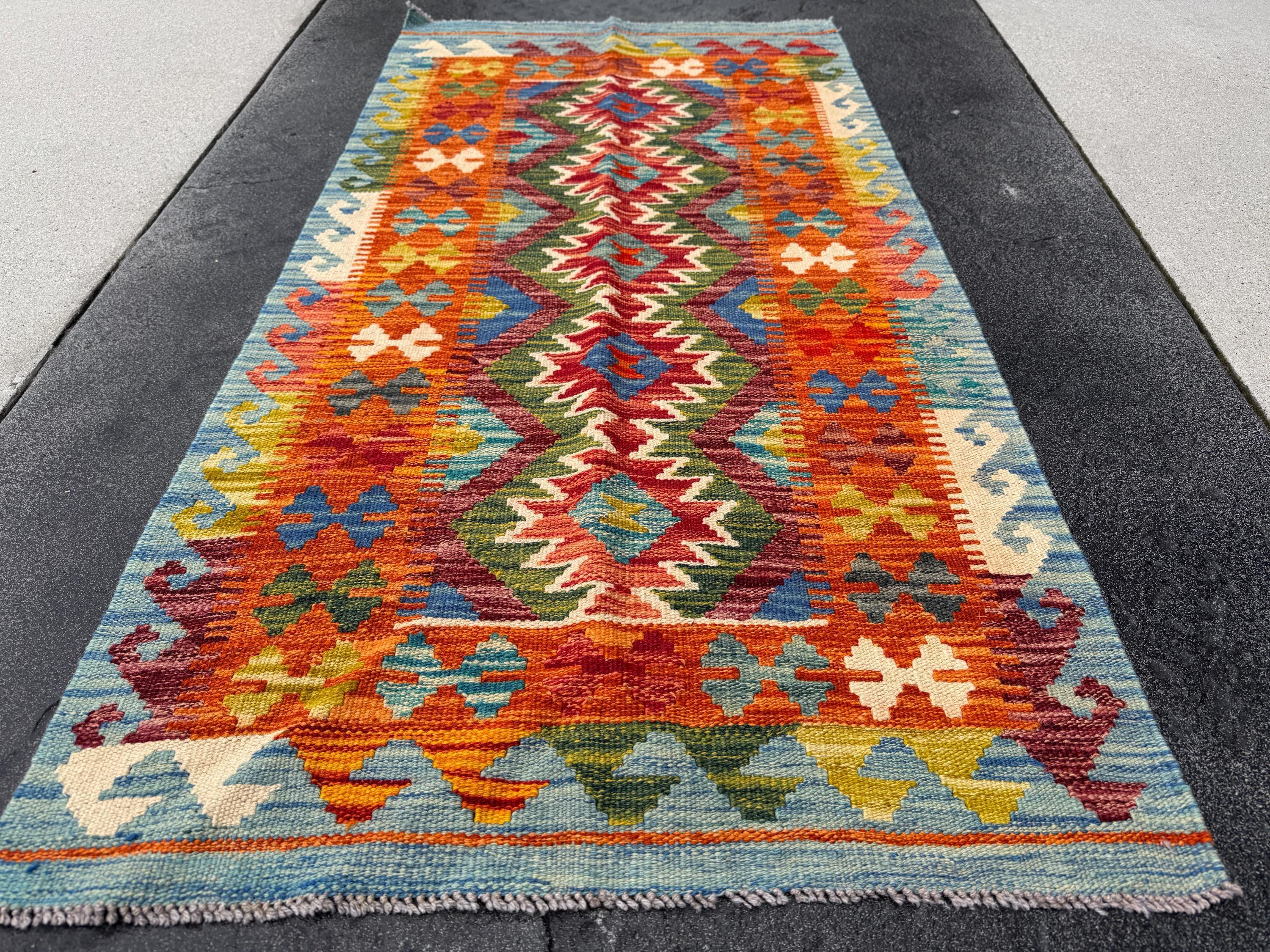 3x5 Handmade Afghan Kilim Rug | Orange Auburn Burgundy Crimson Red Forest Olive Green Denim Royal Blue Mustard Yellow Cream | Wool Flatweave