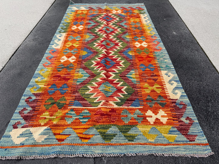 3x5 Handmade Afghan Kilim Rug | Orange Auburn Burgundy Crimson Red Forest Olive Green Denim Royal Blue Mustard Yellow Cream | Wool Flatweave