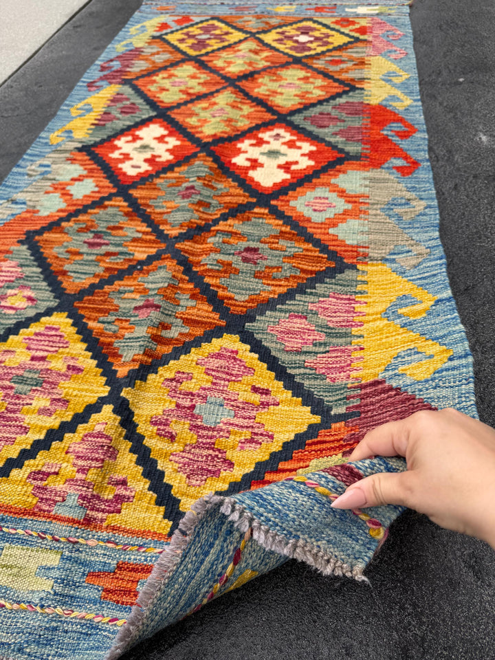 3x5 Handmade Afghan Kilim Rug | Denim Powder Blue Black Grey Mustard Sage Green Auburn Maroon Brick Red Burnt Orange Scarlet Red Cream