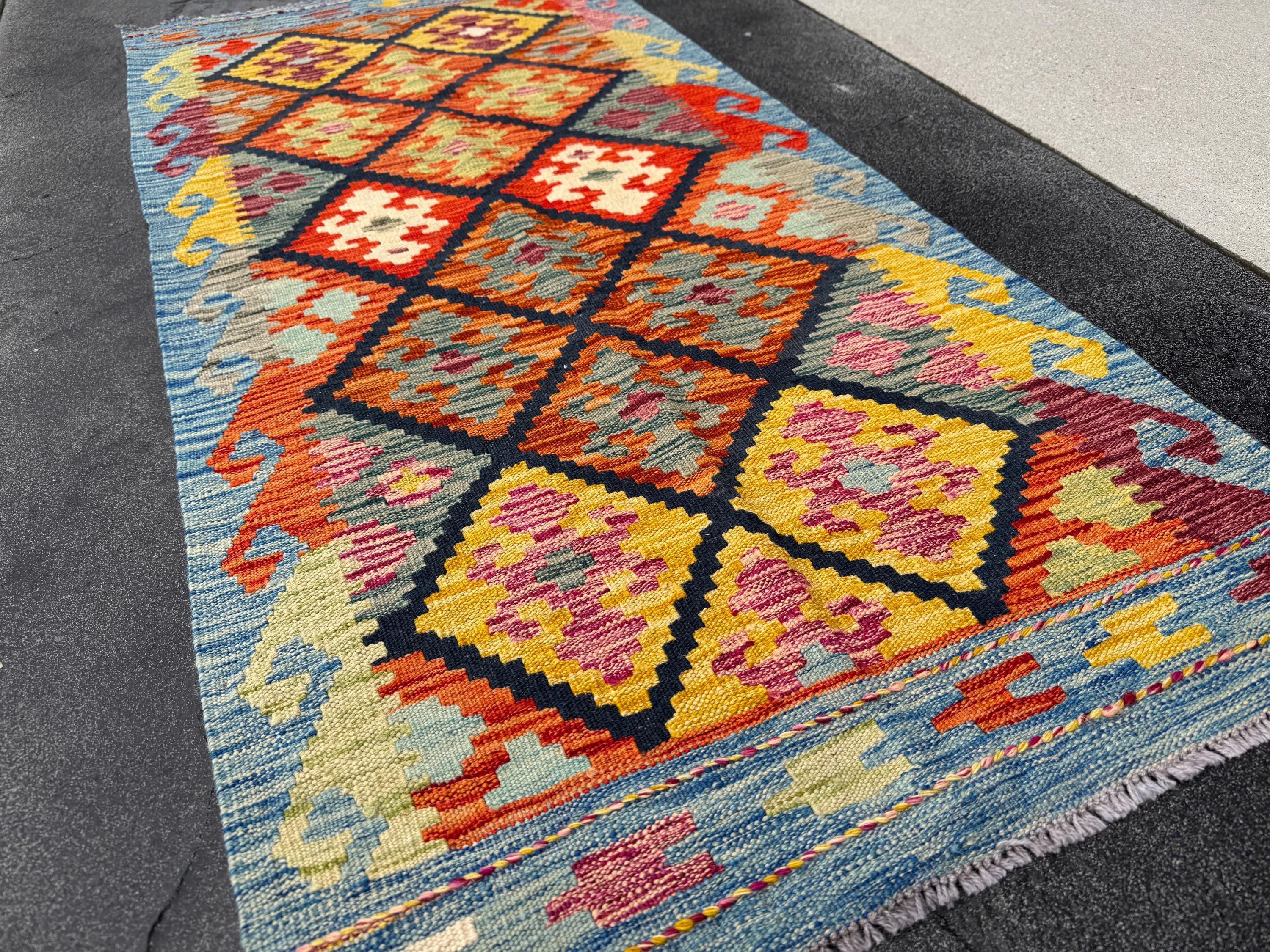 3x5 Handmade Afghan Kilim Rug | Denim Powder Blue Black Grey Mustard Sage Green Auburn Maroon Brick Red Burnt Orange Scarlet Red Cream