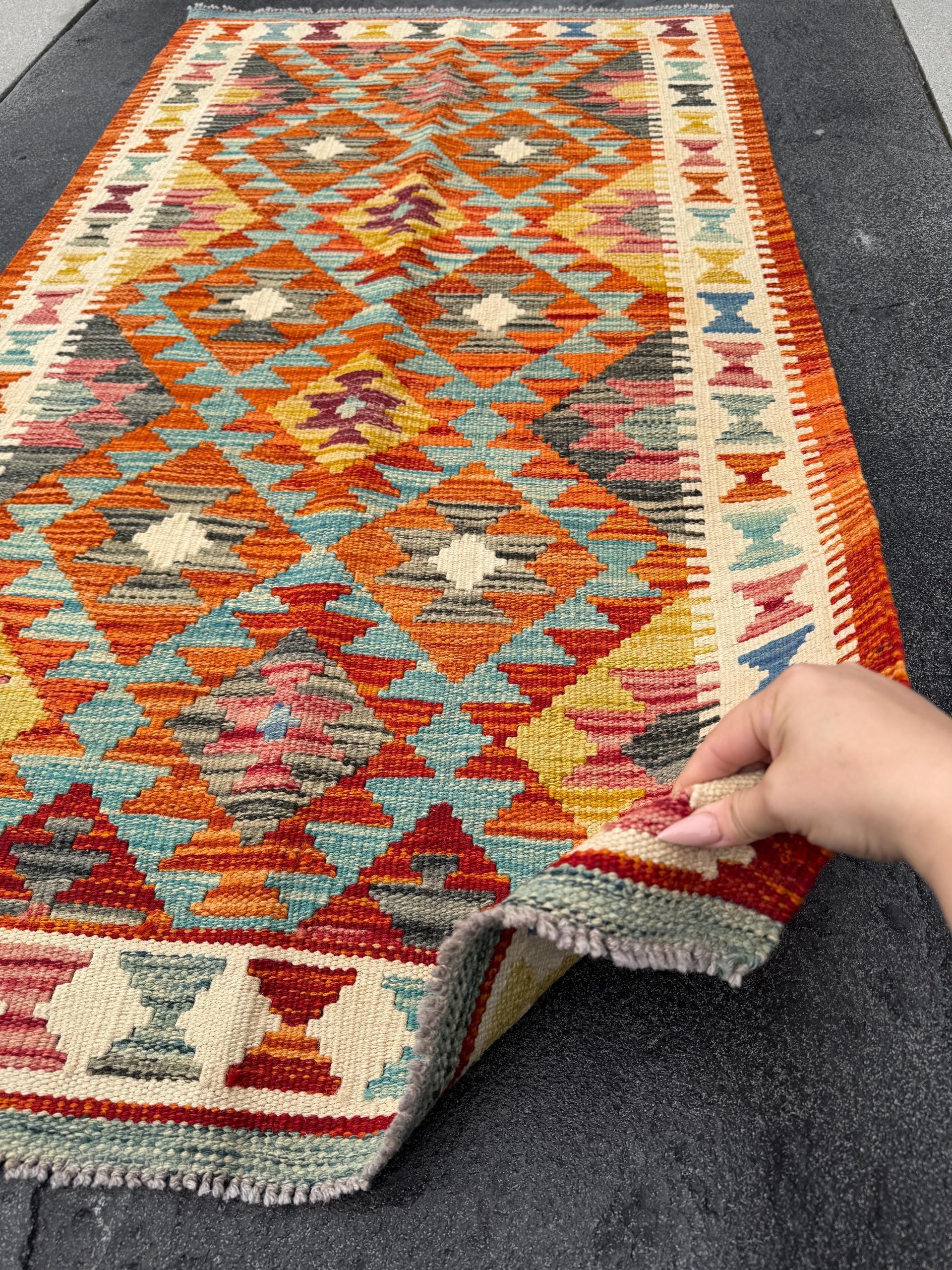 3x5 (91x152) Handmade Afghan Kilim Rug | Burnt Orange Mustard Yellow Denim Teal Blue Brick Red Grey Black Cream Moss Green Burgundy | Wool