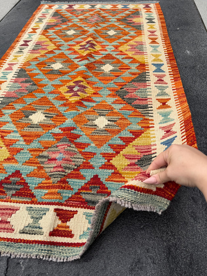 3x5 (91x152) Handmade Afghan Kilim Rug | Burnt Orange Mustard Yellow Denim Teal Blue Brick Red Grey Black Cream Moss Green Burgundy | Wool