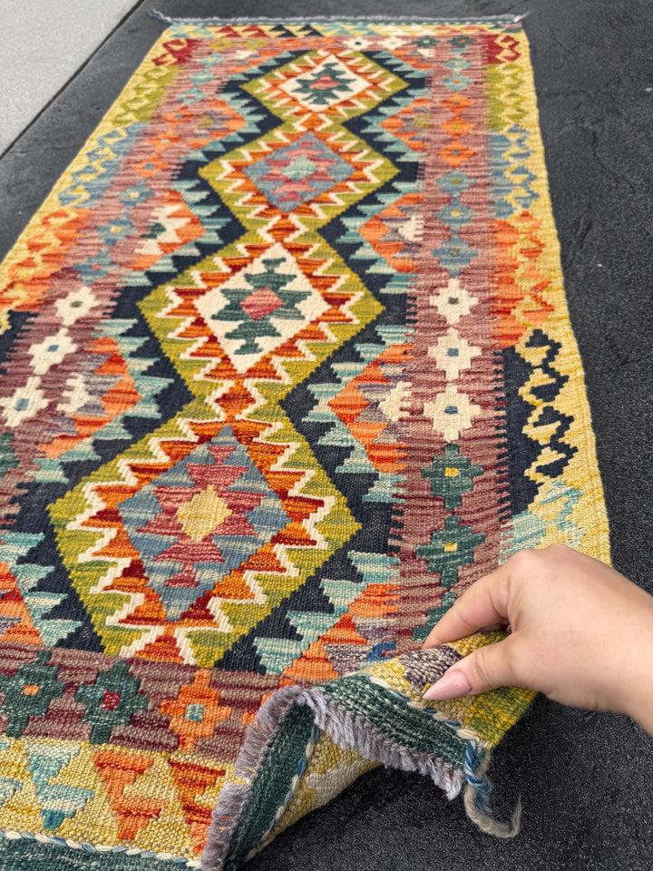 2x5 Handmade Afghan Kilim Rug | Yellow Chartreuse Olive Moss Green Teal Baby Navy Midnight Blue Cream Orange Purple Auburn Red | Wool