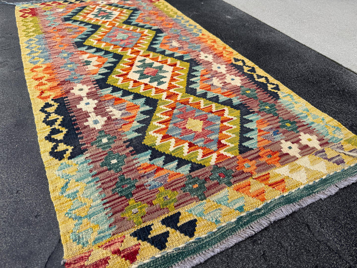 2x5 Handmade Afghan Kilim Rug | Yellow Chartreuse Olive Moss Green Teal Baby Navy Midnight Blue Cream Orange Purple Auburn Red | Wool