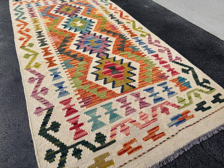 2x5 (61x152) Handmade Afghan Kilim Rug | Cream Forest Lime Chartreuse Green Orange Rose Brick Red Pink Purple Denim Teal Blue Grey | Wool