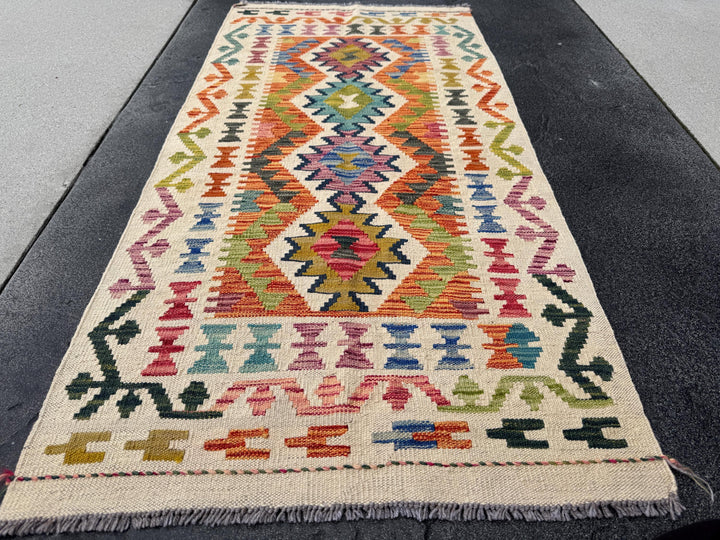 2x5 (61x152) Handmade Afghan Kilim Rug | Cream Forest Lime Chartreuse Green Orange Rose Brick Red Pink Purple Denim Teal Blue Grey | Wool